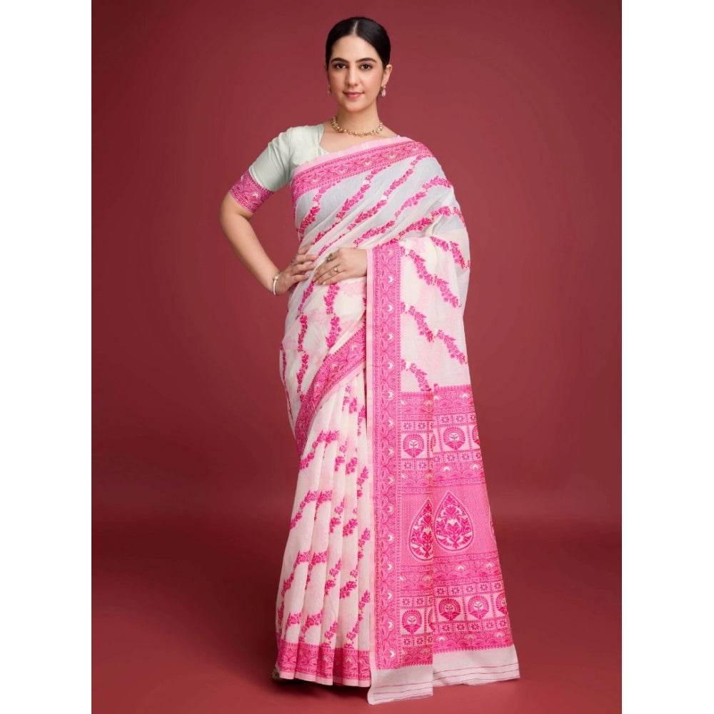Generic Women's Jamdani Cotton Silk Printed Saree With Unstitched Blouse 5.5Mtr (Pink) - MYLUXURY LANE ENTERPRISE