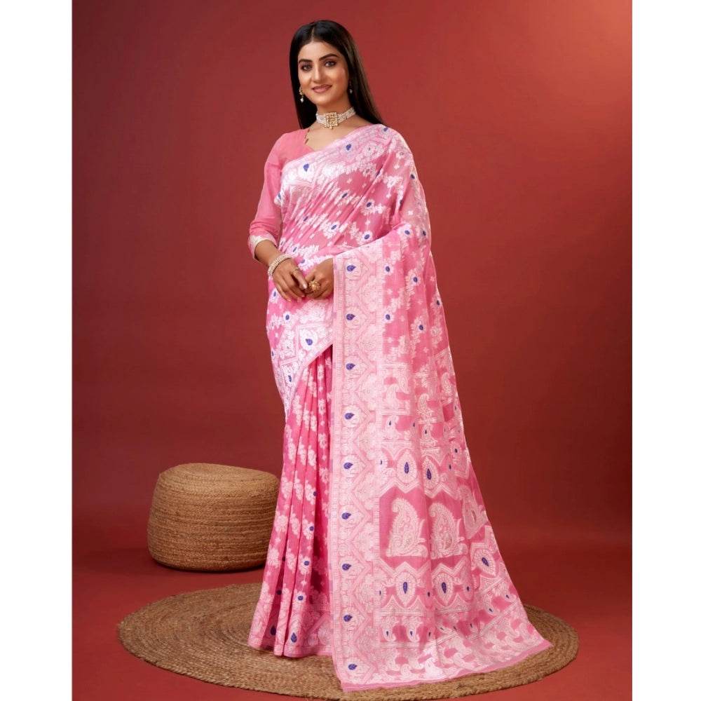 Generic Women's Cotton Silk Printed Saree With Unstitched Blouse 5.5Mtr (Pink) - MYLUXURY LANE ENTERPRISE