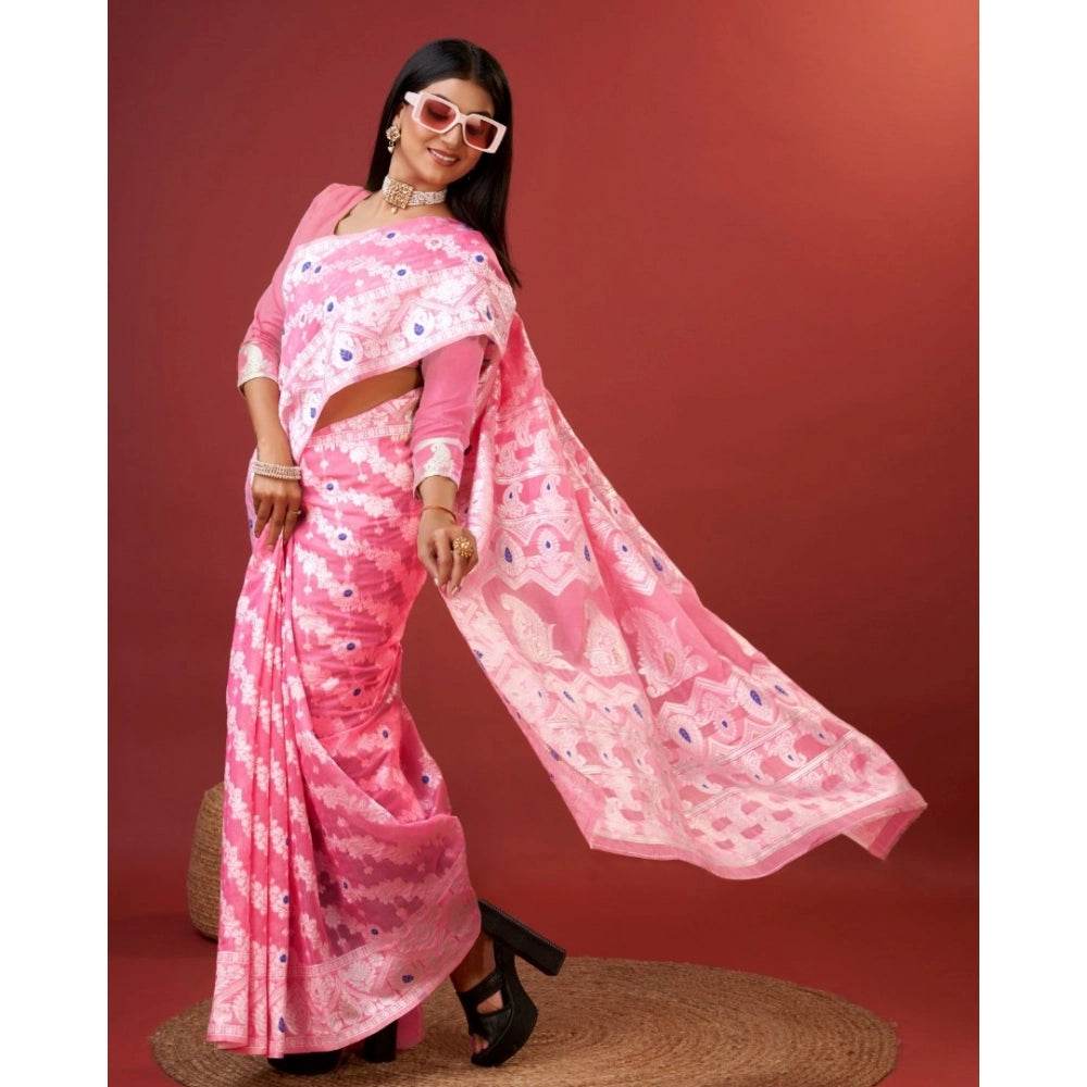 Generic Women's Cotton Silk Printed Saree With Unstitched Blouse 5.5Mtr (Pink) - MYLUXURY LANE ENTERPRISE