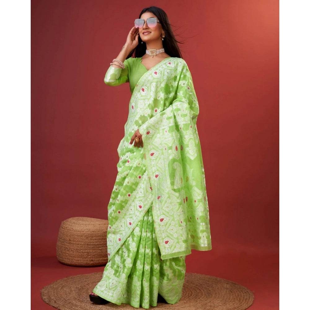 Generic Women's Cotton Silk Printed Saree With Unstitched Blouse 5.5Mtr (Light Green) - MYLUXURY LANE ENTERPRISE