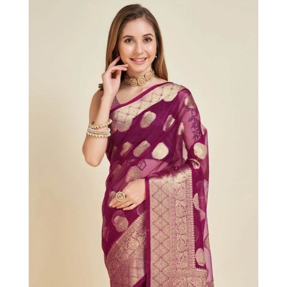 Generic Women's Soft Organza Silk Weaving Design Saree With Unstitched Blouse 5.5Mtr (Wine) - MYLUXURY LANE ENTERPRISE