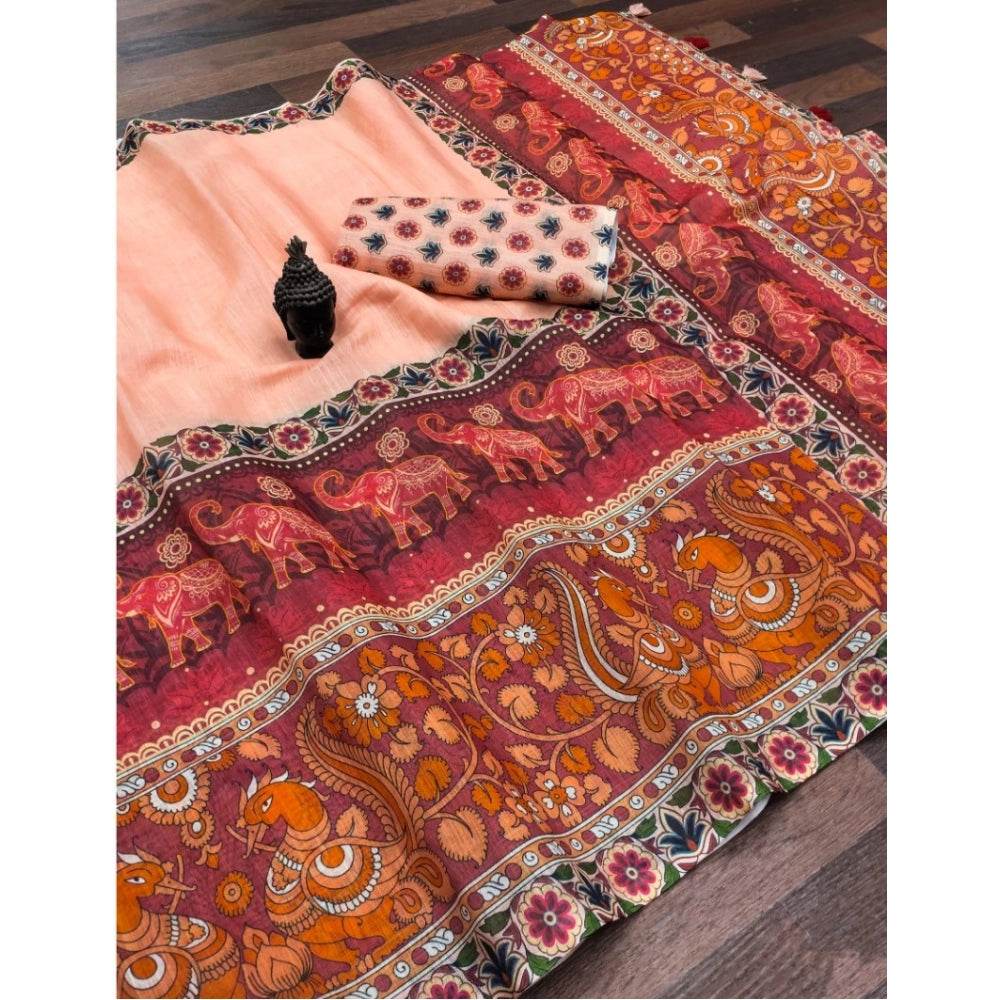 Generic Women's linen Digital Print Saree With Unstitched Blouse 5.5Mtr (Peach) - MYLUXURY LANE ENTERPRISE