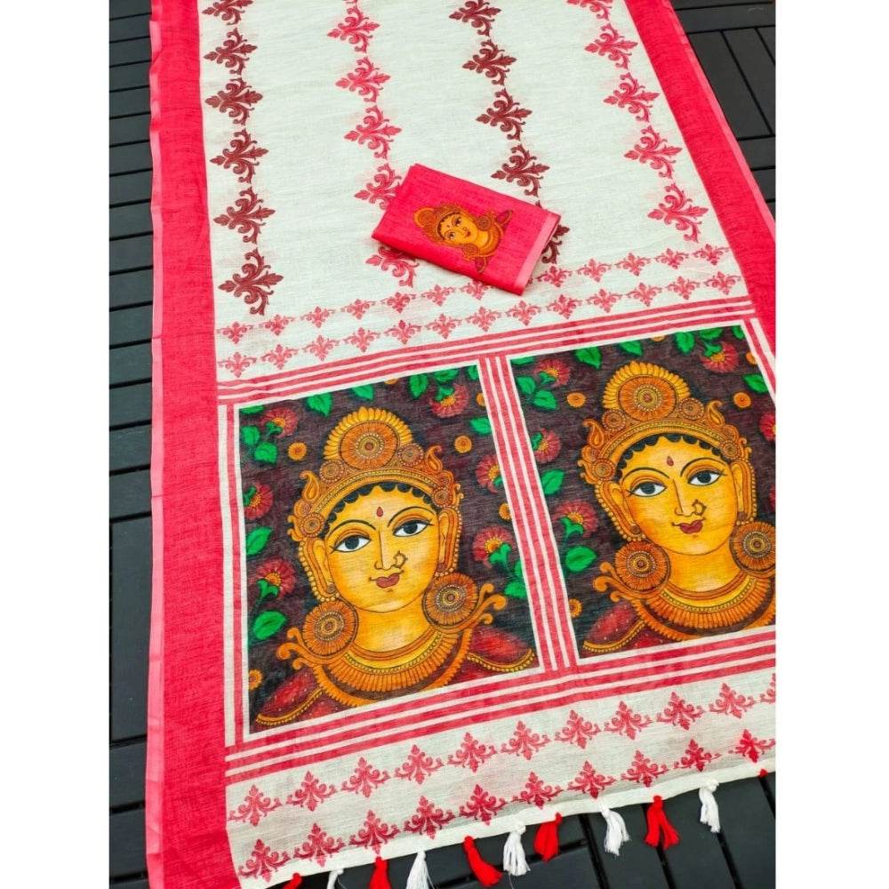 Generic Women's linen Digital Print Saree With Unstitched Blouse 5.5Mtr (White) - MYLUXURY LANE ENTERPRISE