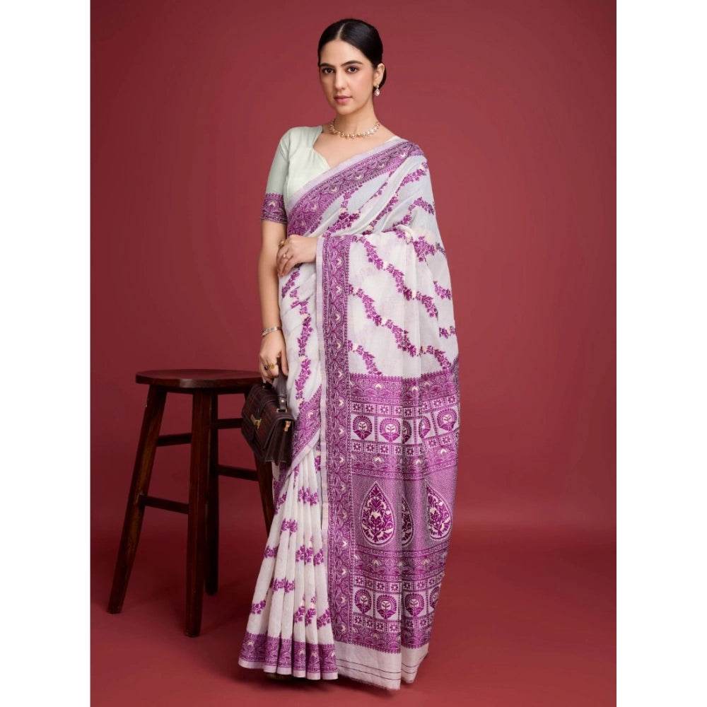 Generic Women's Jamdani Cotton Silk Printed Saree With Unstitched Blouse 5.5Mtr (Wine) - MYLUXURY LANE ENTERPRISE