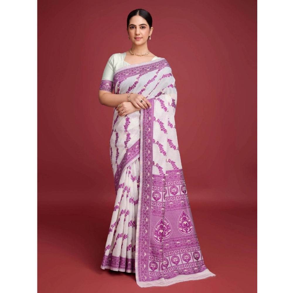 Generic Women's Jamdani Cotton Silk Printed Saree With Unstitched Blouse 5.5Mtr (Wine) - MYLUXURY LANE ENTERPRISE