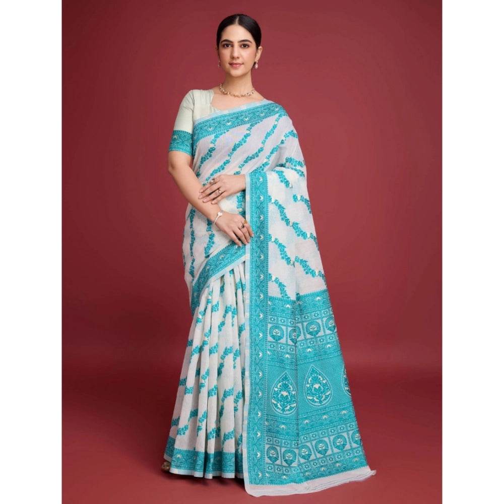 Generic Women's Jamdani Cotton Silk Printed Saree With Unstitched Blouse 5.5Mtr (Rama) - MYLUXURY LANE ENTERPRISE