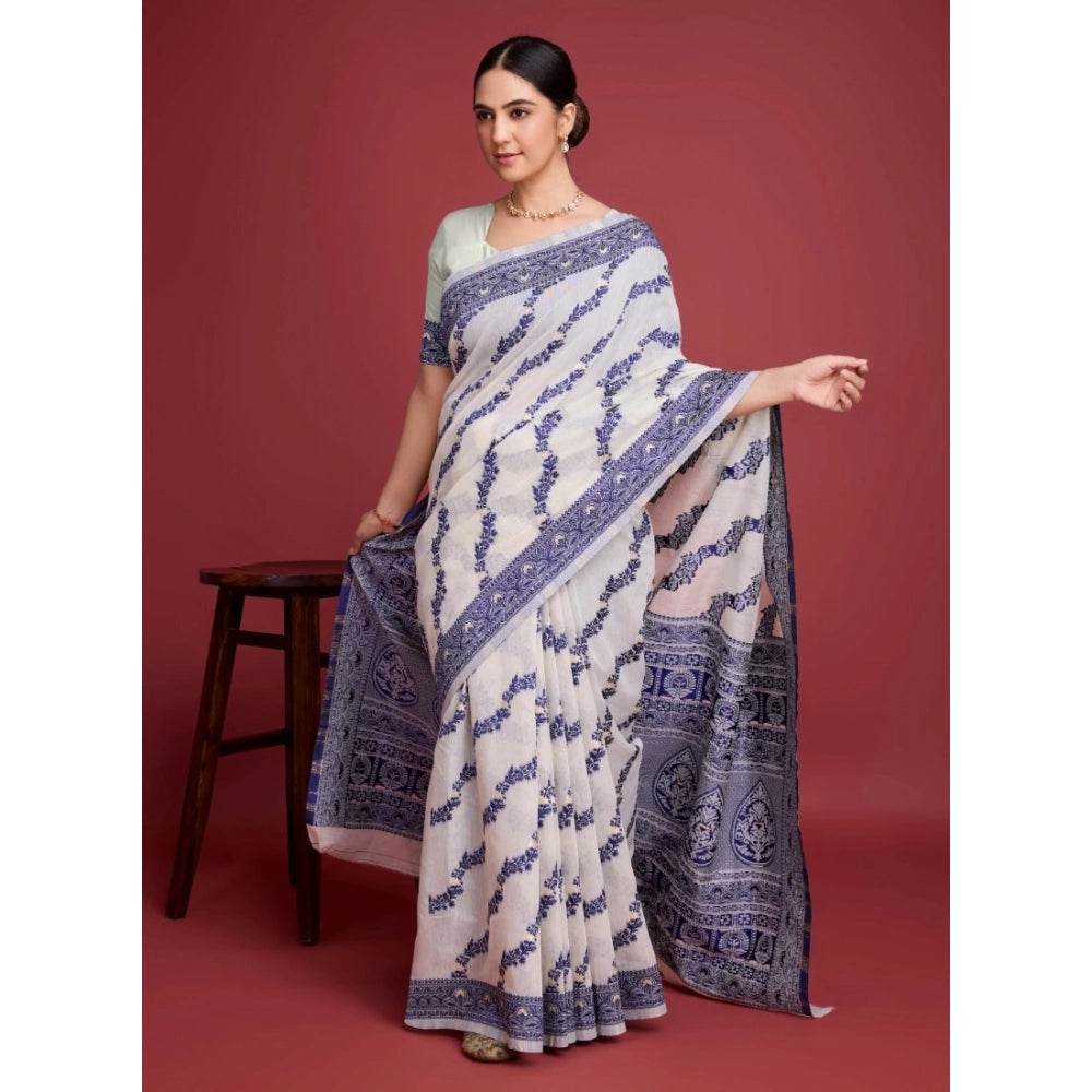 Generic Women's Jamdani Cotton Silk Printed Saree With Unstitched Blouse 5.5Mtr (Navy Blue) - MYLUXURY LANE ENTERPRISE