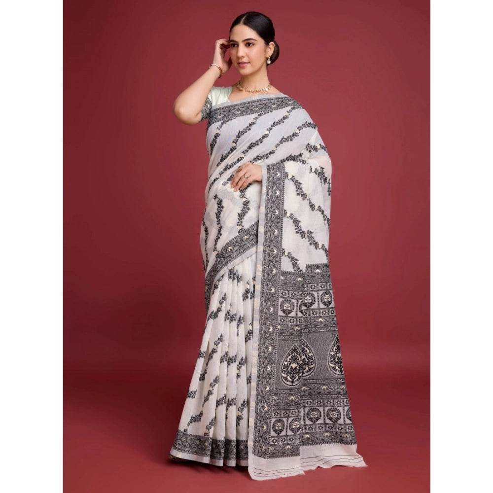 Generic Women's Jamdani Cotton Silk Printed Saree With Unstitched Blouse 5.5Mtr (Black) - MYLUXURY LANE ENTERPRISE