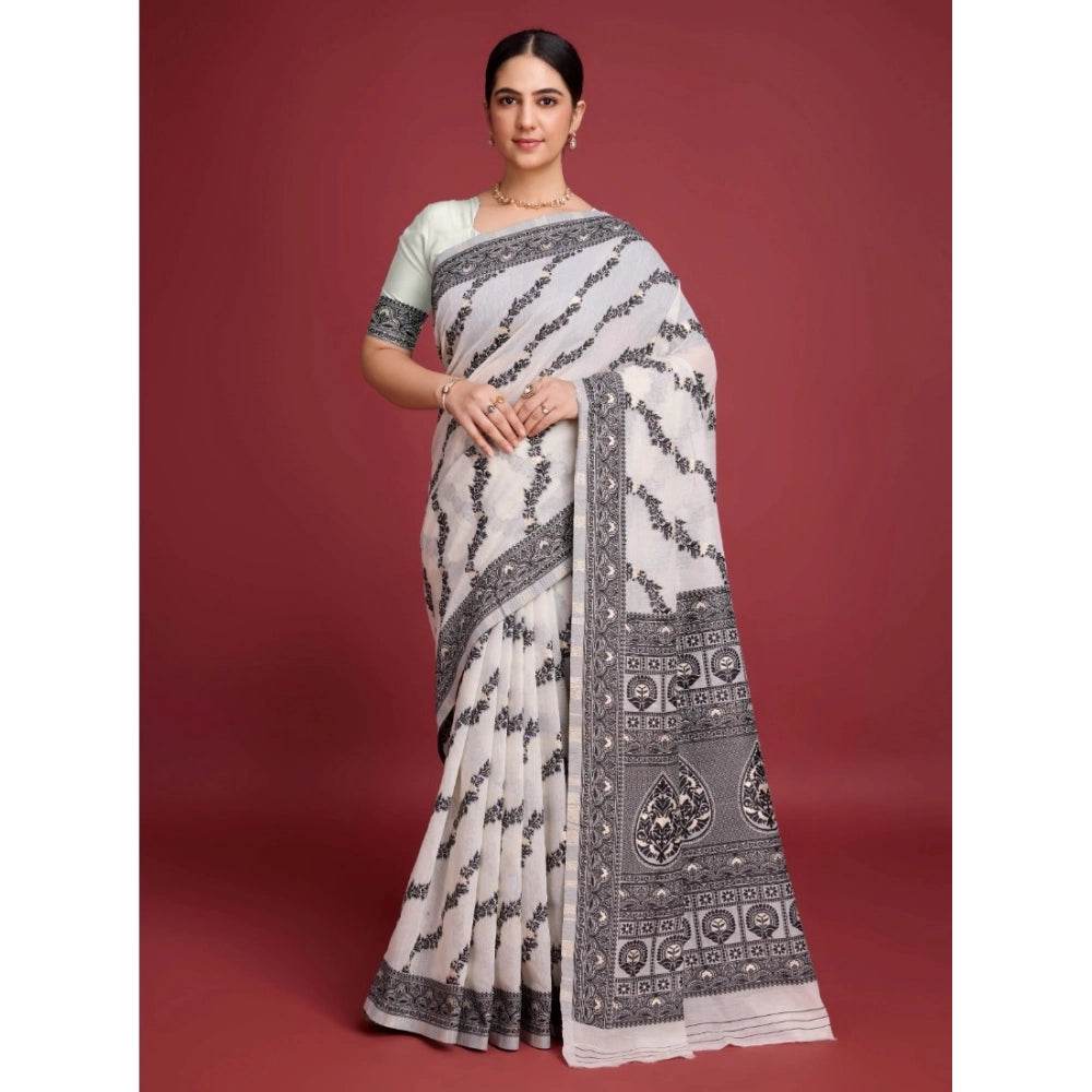 Generic Women's Jamdani Cotton Silk Printed Saree With Unstitched Blouse 5.5Mtr (Black) - MYLUXURY LANE ENTERPRISE