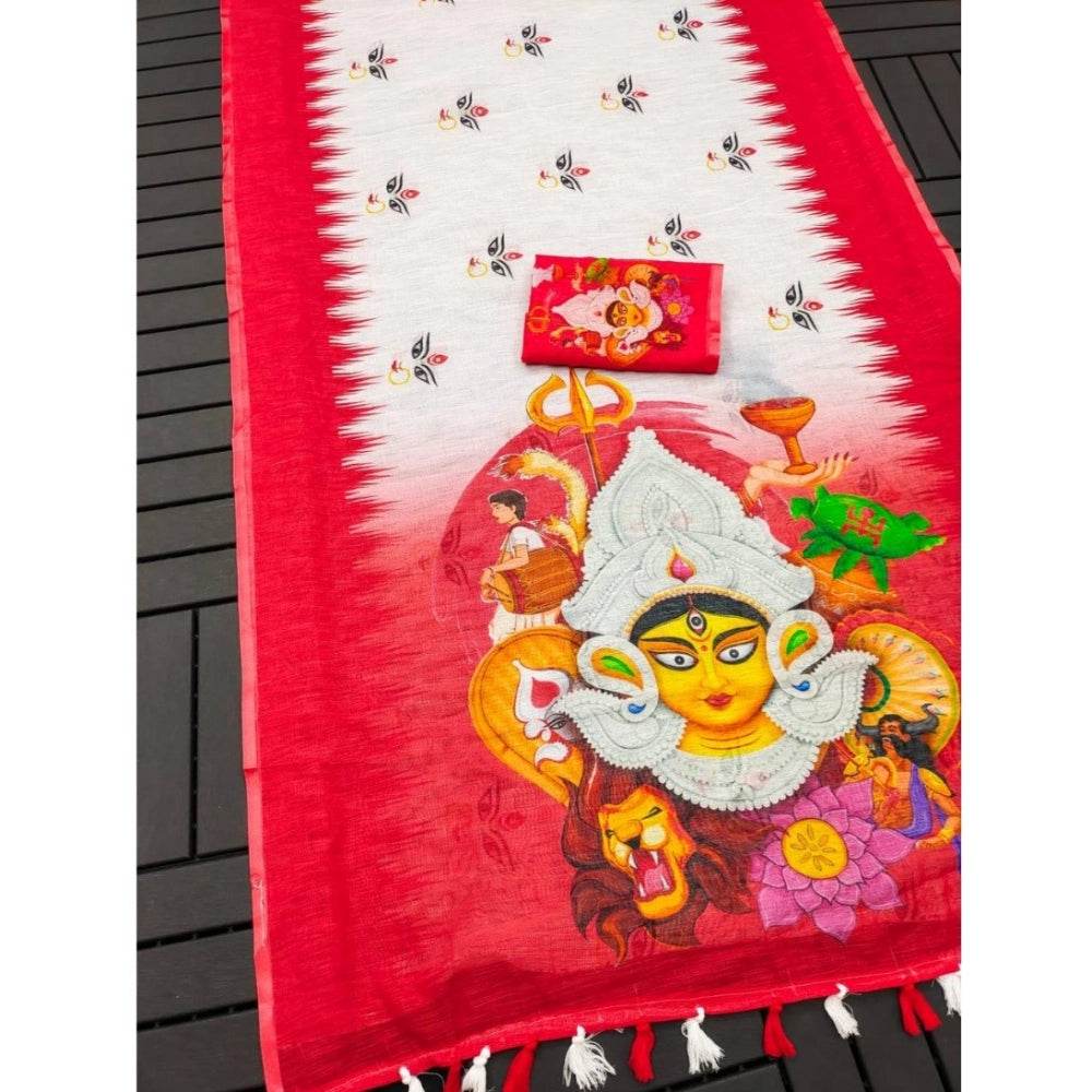 Generic Women's linen Digital Print Saree With Unstitched Blouse 5.5Mtr (White) - MYLUXURY LANE ENTERPRISE