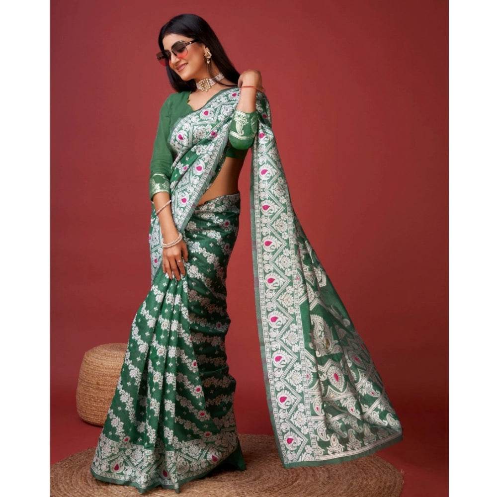 Generic Women's Cotton Silk Printed Saree With Unstitched Blouse 5.5Mtr (Green) - MYLUXURY LANE ENTERPRISE