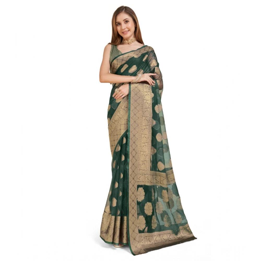 Generic Women's Soft Organza Silk Weaving Design Saree With Unstitched Blouse 5.5Mtr (Green) - MYLUXURY LANE ENTERPRISE
