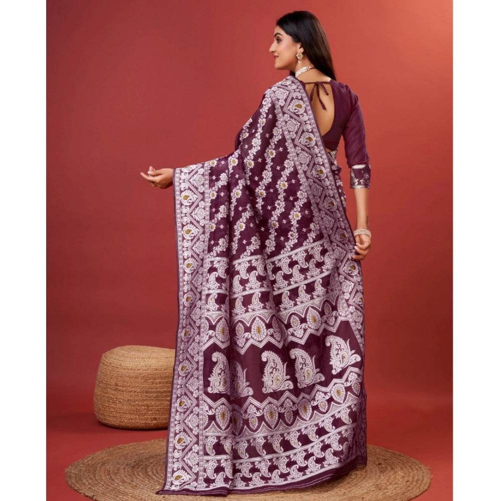 Generic Women's Cotton Silk Printed Saree With Unstitched Blouse 5.5Mtr (Purple) - MYLUXURY LANE ENTERPRISE