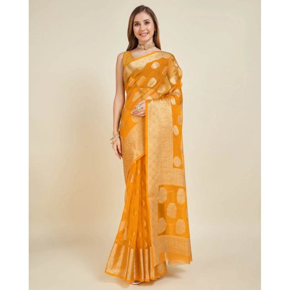 Generic Women's Soft Organza Silk Weaving Design Saree With Unstitched Blouse 5.5Mtr (Yellow) - MYLUXURY LANE ENTERPRISE