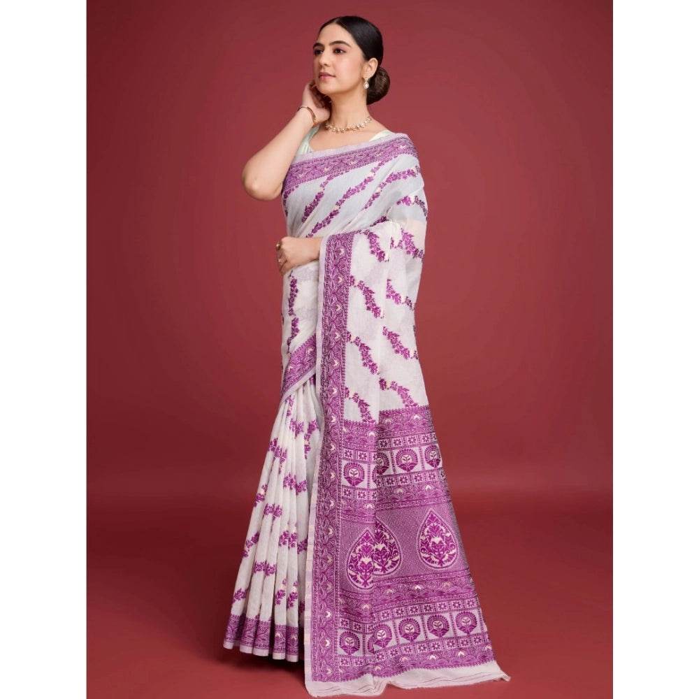 Generic Women's Jamdani Cotton Silk Printed Saree With Unstitched Blouse 5.5Mtr (Wine) - MYLUXURY LANE ENTERPRISE