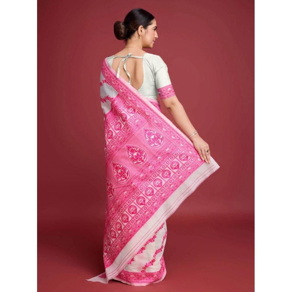 Generic Women's Jamdani Cotton Silk Printed Saree With Unstitched Blouse 5.5Mtr (Pink) - MYLUXURY LANE ENTERPRISE