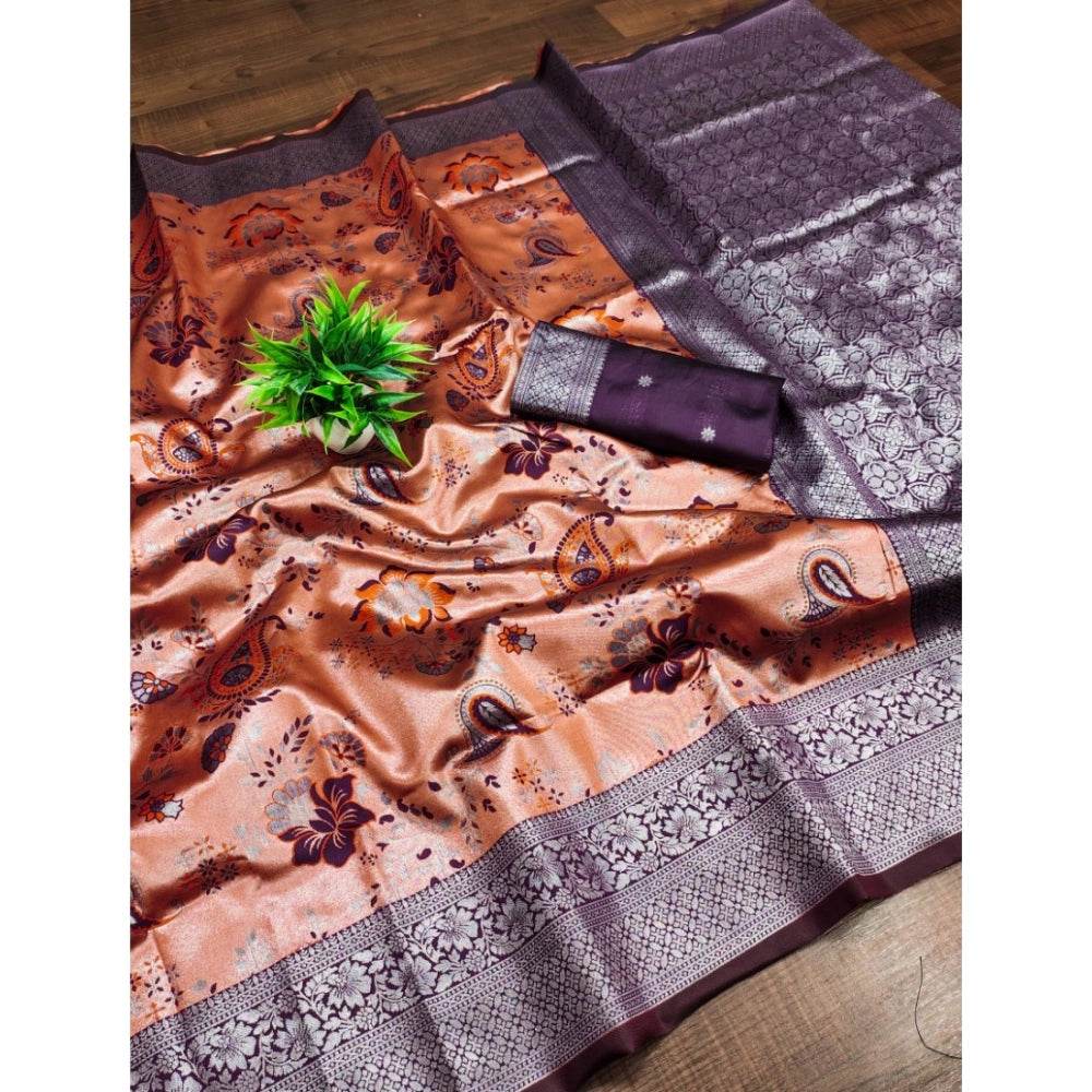 Generic Women's Banarasi Jacquard Printed Saree With Unstitched Blouse 5.5Mtr (Orange) - MYLUXURY LANE ENTERPRISE