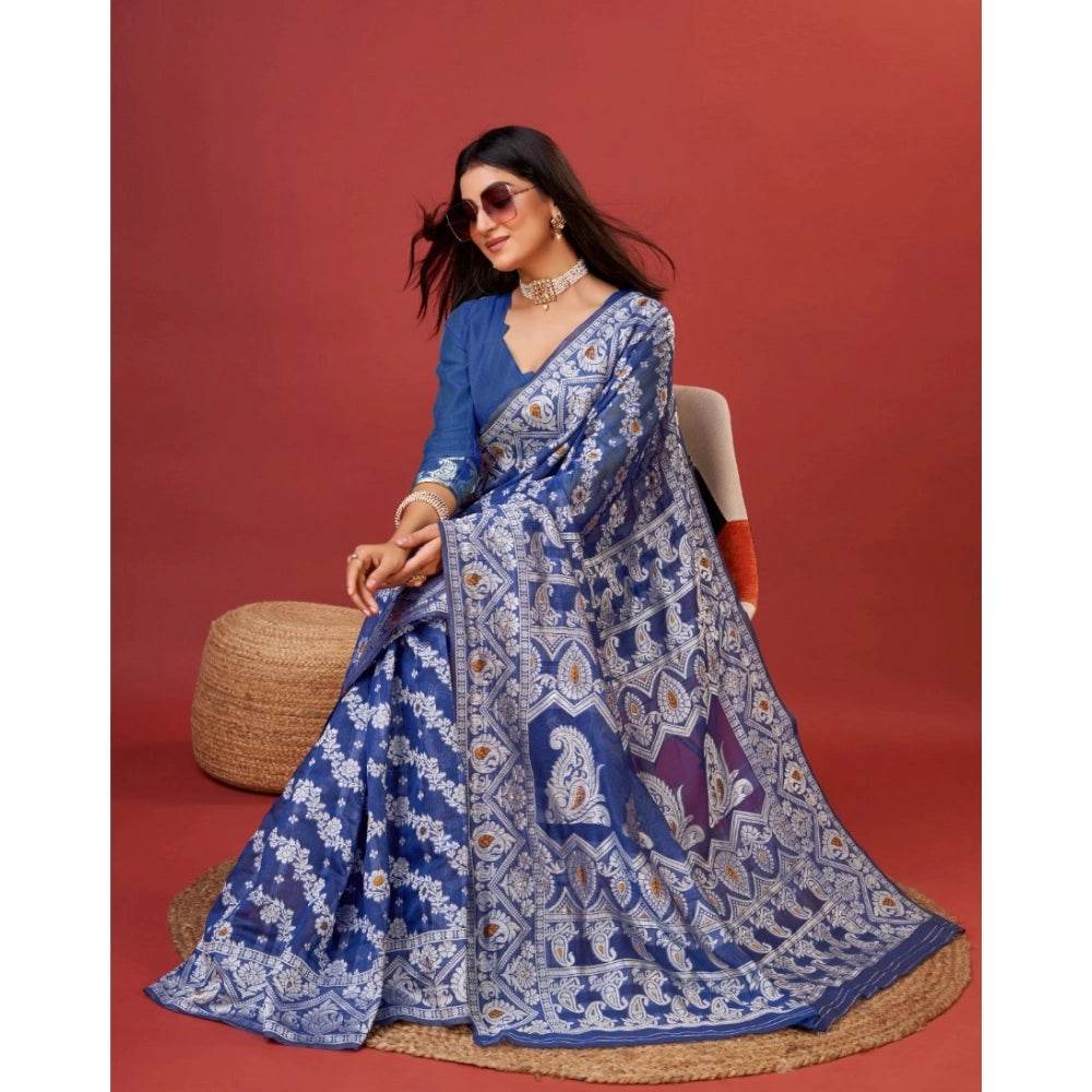 Generic Women's Cotton Silk Printed Saree With Unstitched Blouse 5.5Mtr (Blue) - MYLUXURY LANE ENTERPRISE