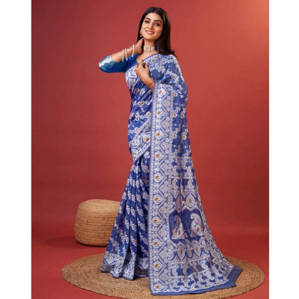 Generic Women's Cotton Silk Printed Saree With Unstitched Blouse 5.5Mtr (Blue) - MYLUXURY LANE ENTERPRISE