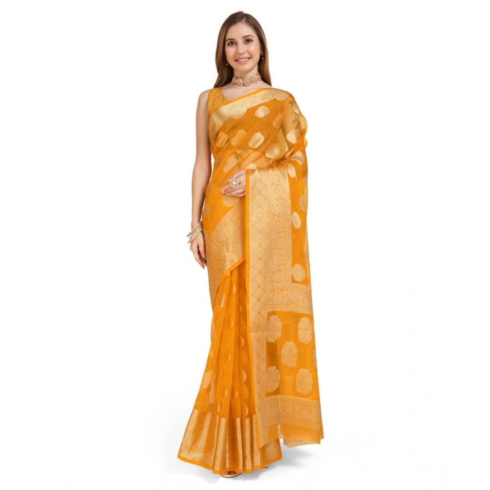 Generic Women's Soft Organza Silk Weaving Design Saree With Unstitched Blouse 5.5Mtr (Yellow) - MYLUXURY LANE ENTERPRISE