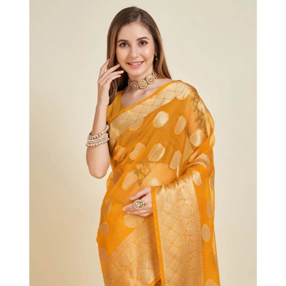 Generic Women's Soft Organza Silk Weaving Design Saree With Unstitched Blouse 5.5Mtr (Yellow) - MYLUXURY LANE ENTERPRISE