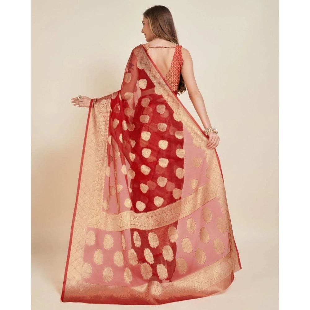 Generic Women's Soft Organza Silk Weaving Design Saree With Unstitched Blouse 5.5Mtr (Red) - MYLUXURY LANE ENTERPRISE