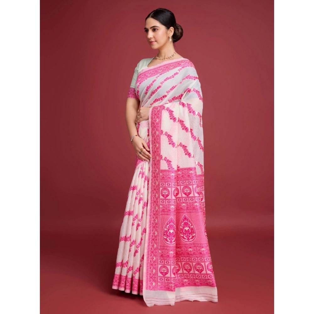 Generic Women's Jamdani Cotton Silk Printed Saree With Unstitched Blouse 5.5Mtr (Pink) - MYLUXURY LANE ENTERPRISE