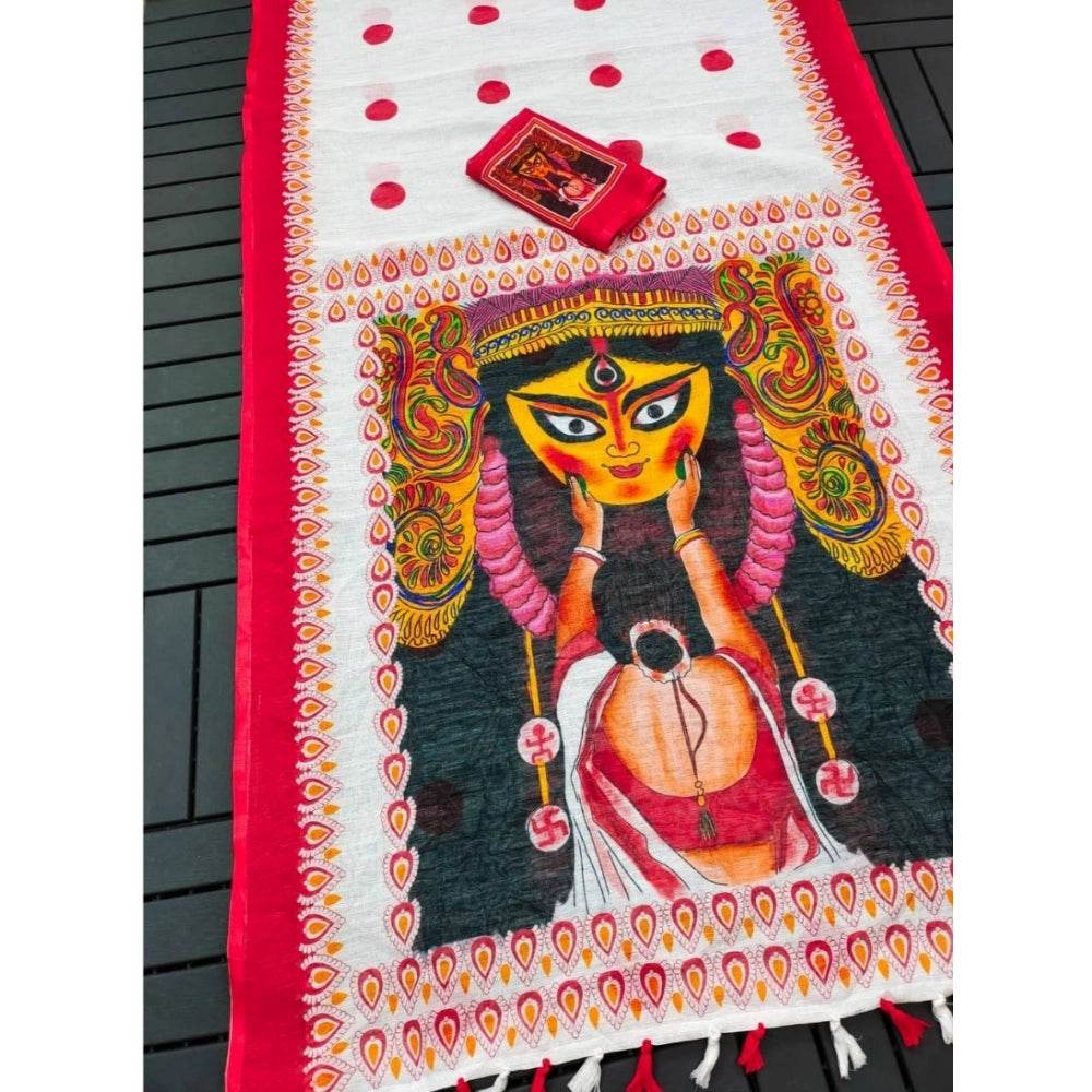 Generic Women's linen Digital Print Saree With Unstitched Blouse 5.5Mtr (White) - MYLUXURY LANE ENTERPRISE