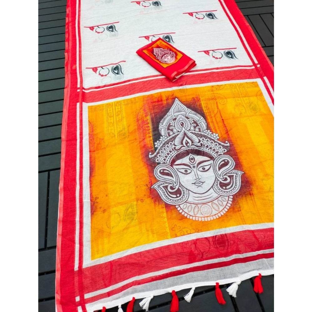 Generic Women's linen Digital Print Saree With Unstitched Blouse 5.5Mtr (White) - MYLUXURY LANE ENTERPRISE