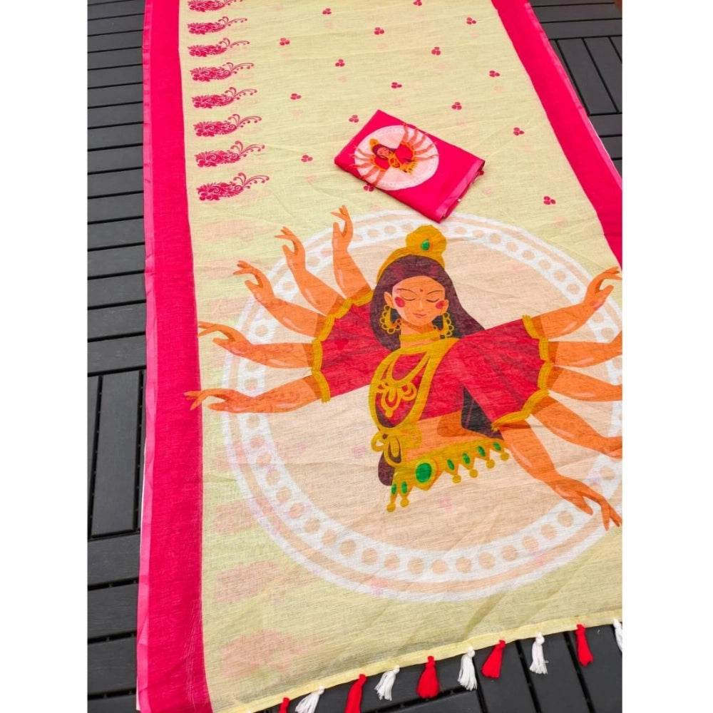 Generic Women's linen Digital Print Saree With Unstitched Blouse 5.5Mtr (White) - MYLUXURY LANE ENTERPRISE