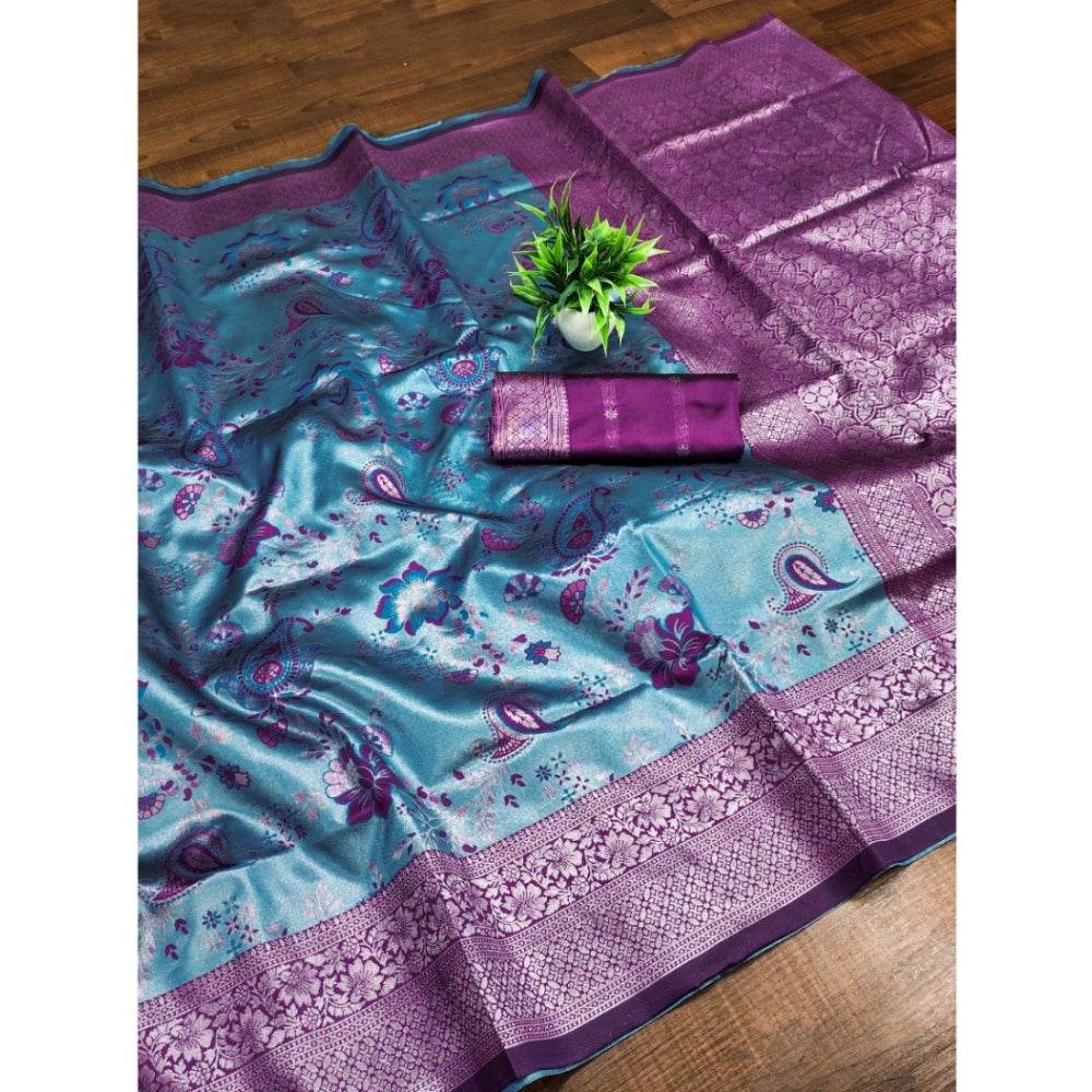 Generic Women's Banarasi Jacquard Printed Saree With Unstitched Blouse 5.5Mtr (Blue) - MYLUXURY LANE ENTERPRISE