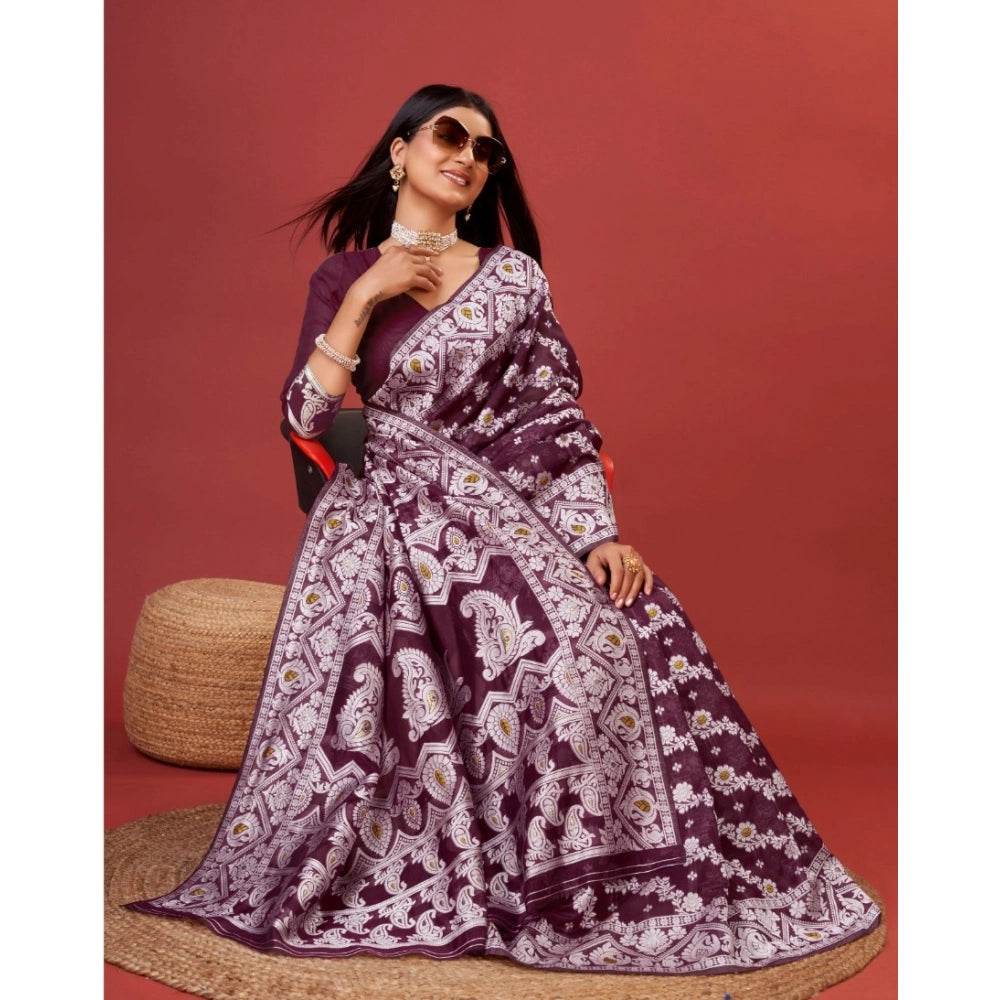 Generic Women's Cotton Silk Printed Saree With Unstitched Blouse 5.5Mtr (Purple) - MYLUXURY LANE ENTERPRISE