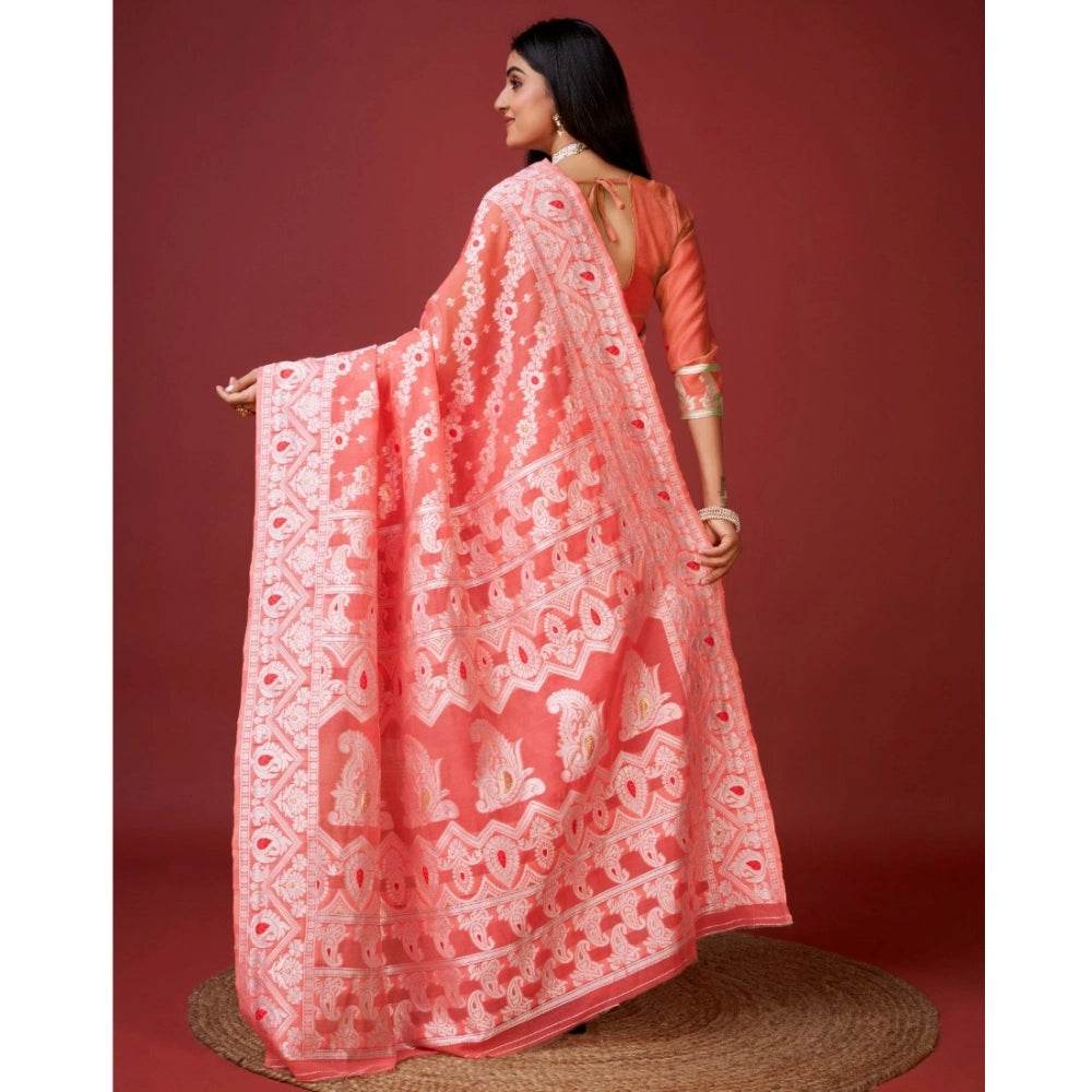 Generic Women's Cotton Silk Printed Saree With Unstitched Blouse 5.5Mtr (Peach) - MYLUXURY LANE ENTERPRISE