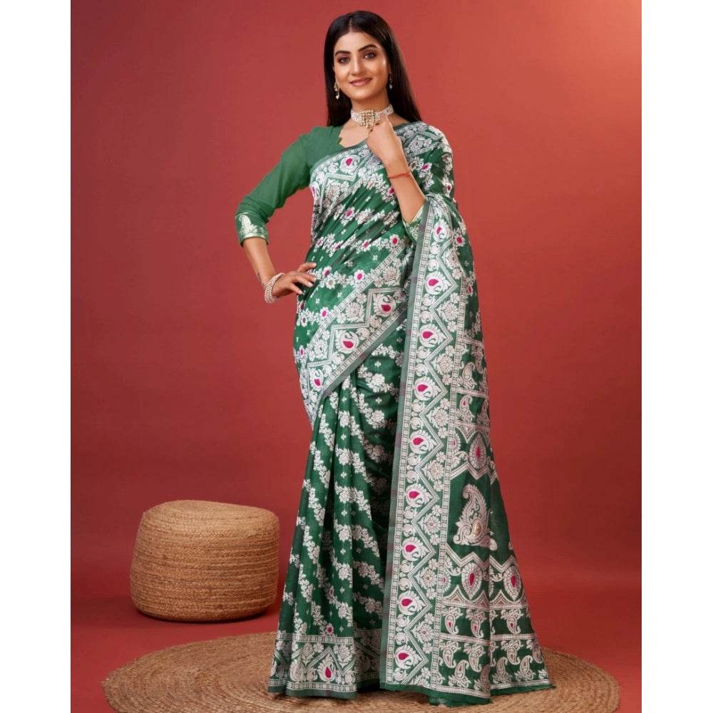 Generic Women's Cotton Silk Printed Saree With Unstitched Blouse 5.5Mtr (Green) - MYLUXURY LANE ENTERPRISE