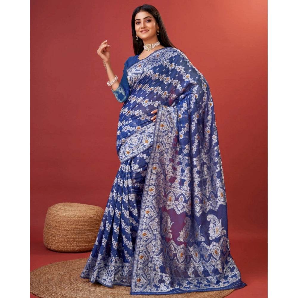 Generic Women's Cotton Silk Printed Saree With Unstitched Blouse 5.5Mtr (Blue) - MYLUXURY LANE ENTERPRISE