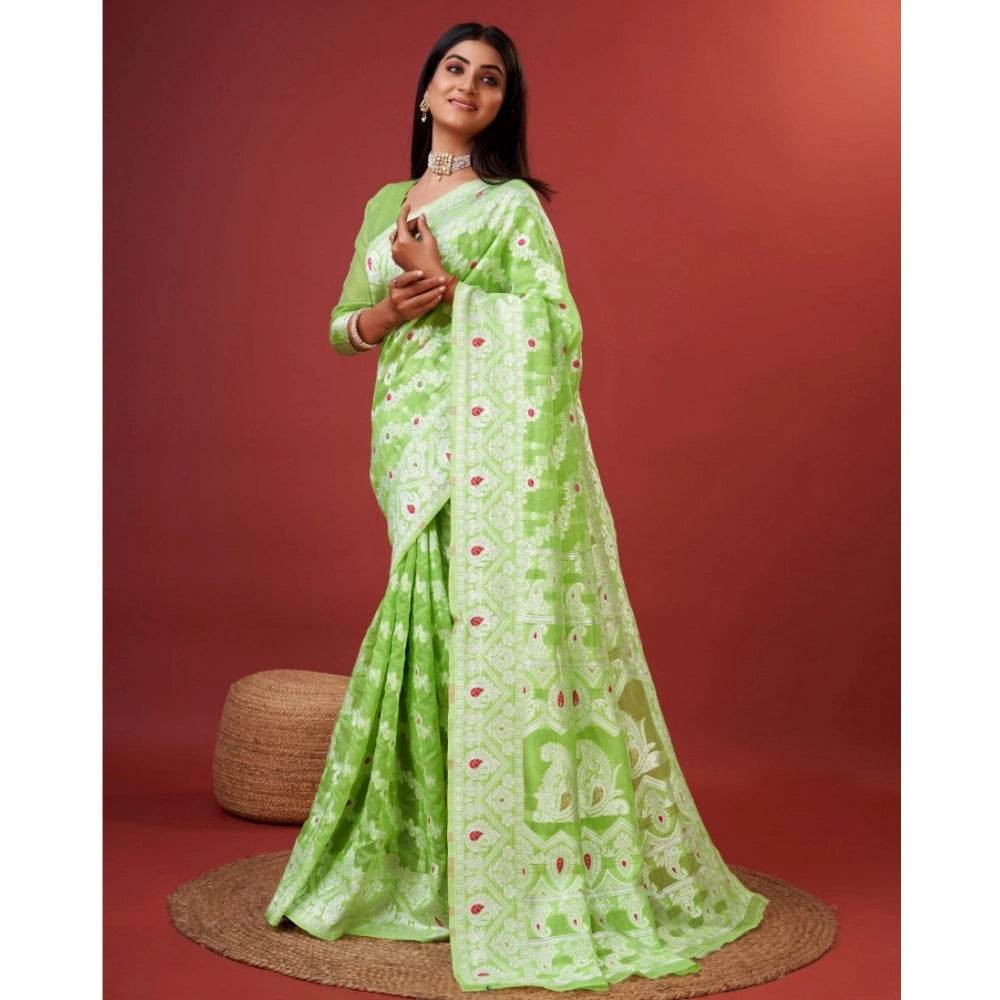 Generic Women's Cotton Silk Printed Saree With Unstitched Blouse 5.5Mtr (Light Green) - MYLUXURY LANE ENTERPRISE
