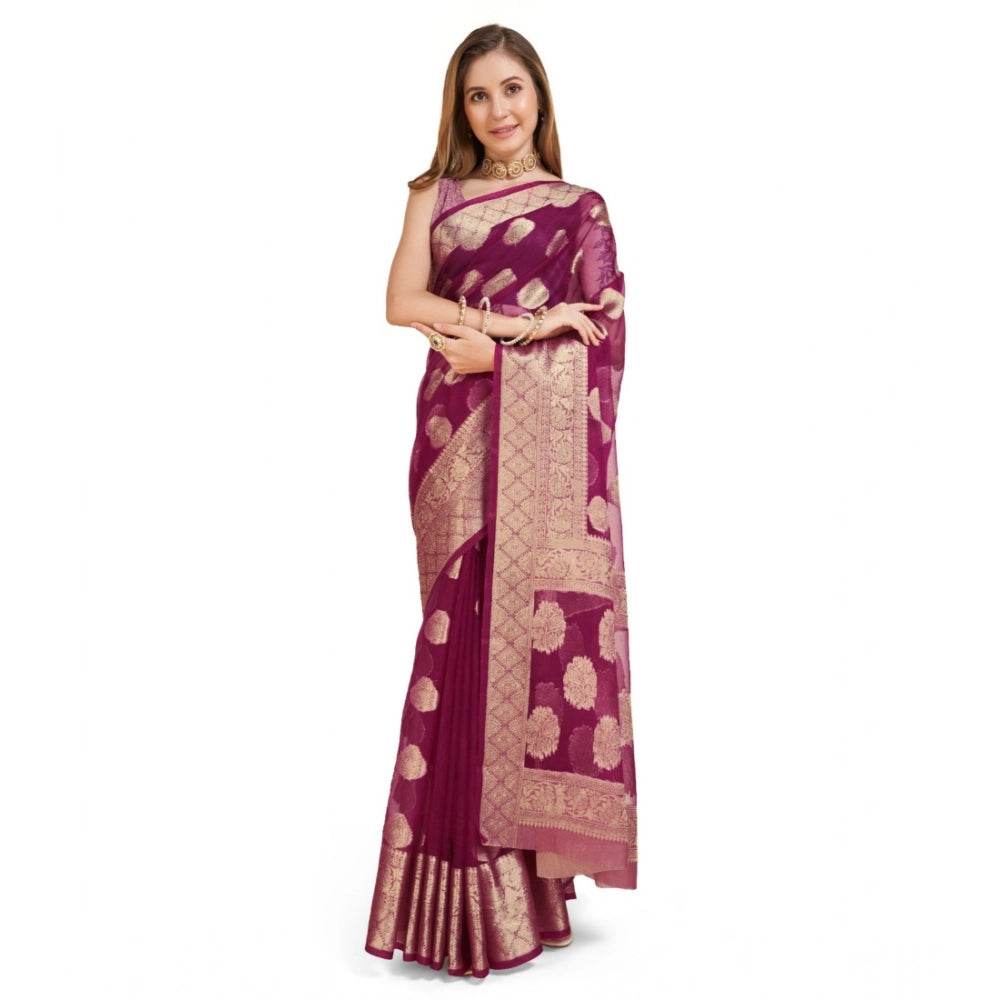 Generic Women's Soft Organza Silk Weaving Design Saree With Unstitched Blouse 5.5Mtr (Wine) - MYLUXURY LANE ENTERPRISE