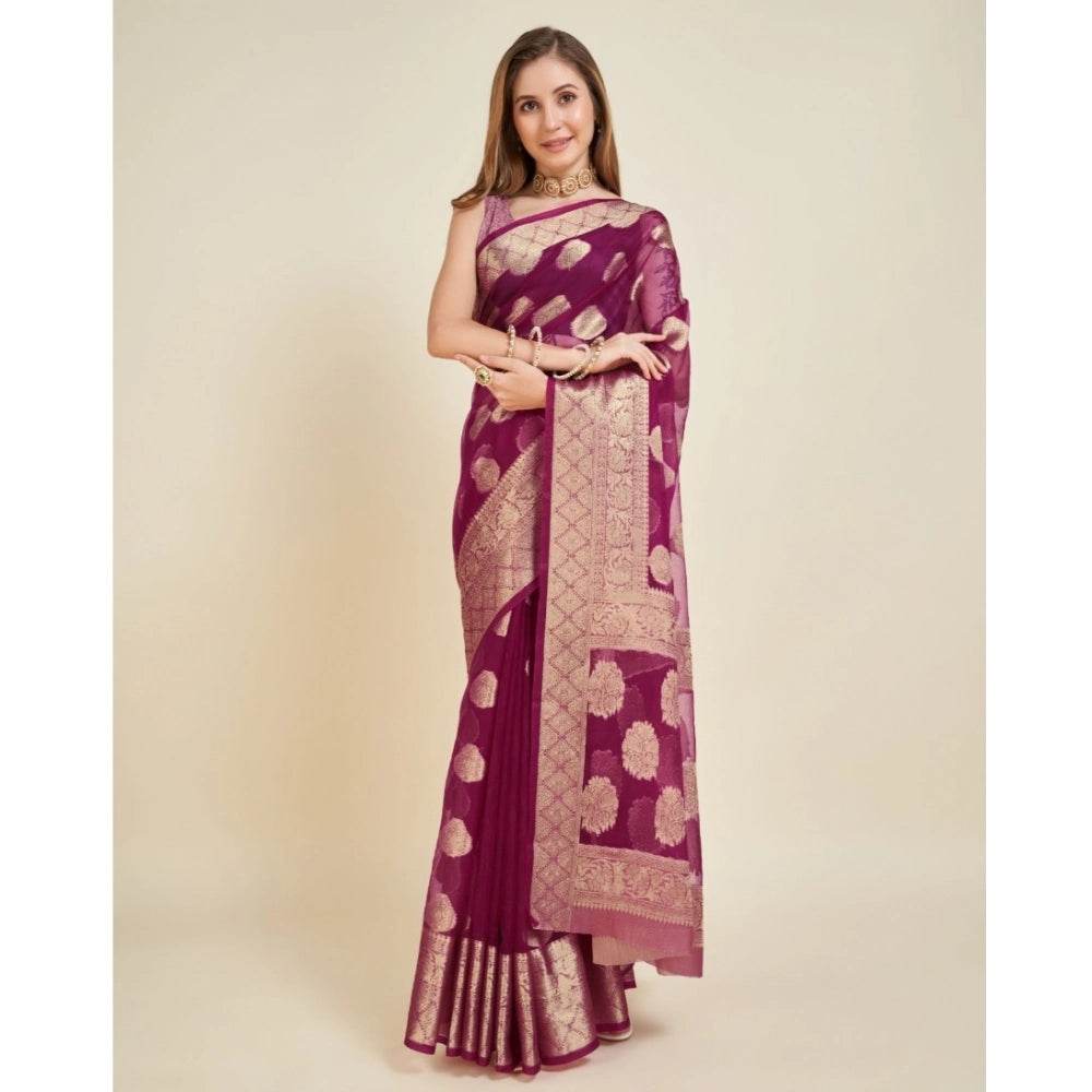Generic Women's Soft Organza Silk Weaving Design Saree With Unstitched Blouse 5.5Mtr (Wine) - MYLUXURY LANE ENTERPRISE