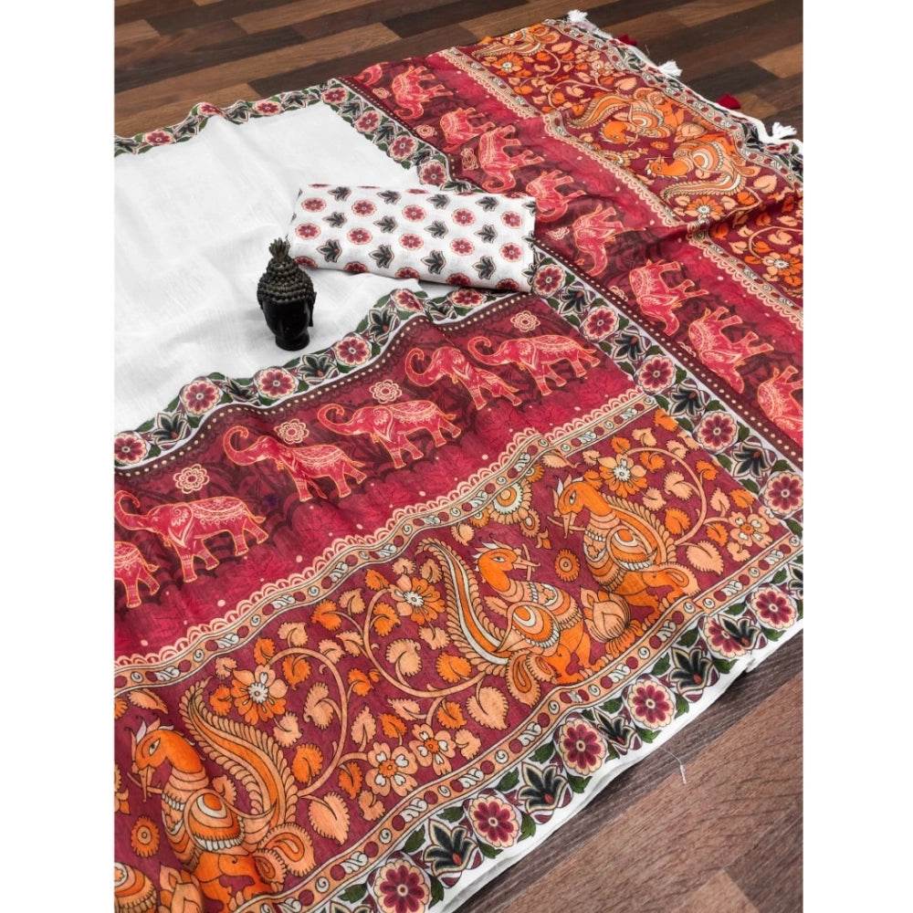 Generic Women's linen Digital Print Saree With Unstitched Blouse 5.5Mtr (White) - MYLUXURY LANE ENTERPRISE