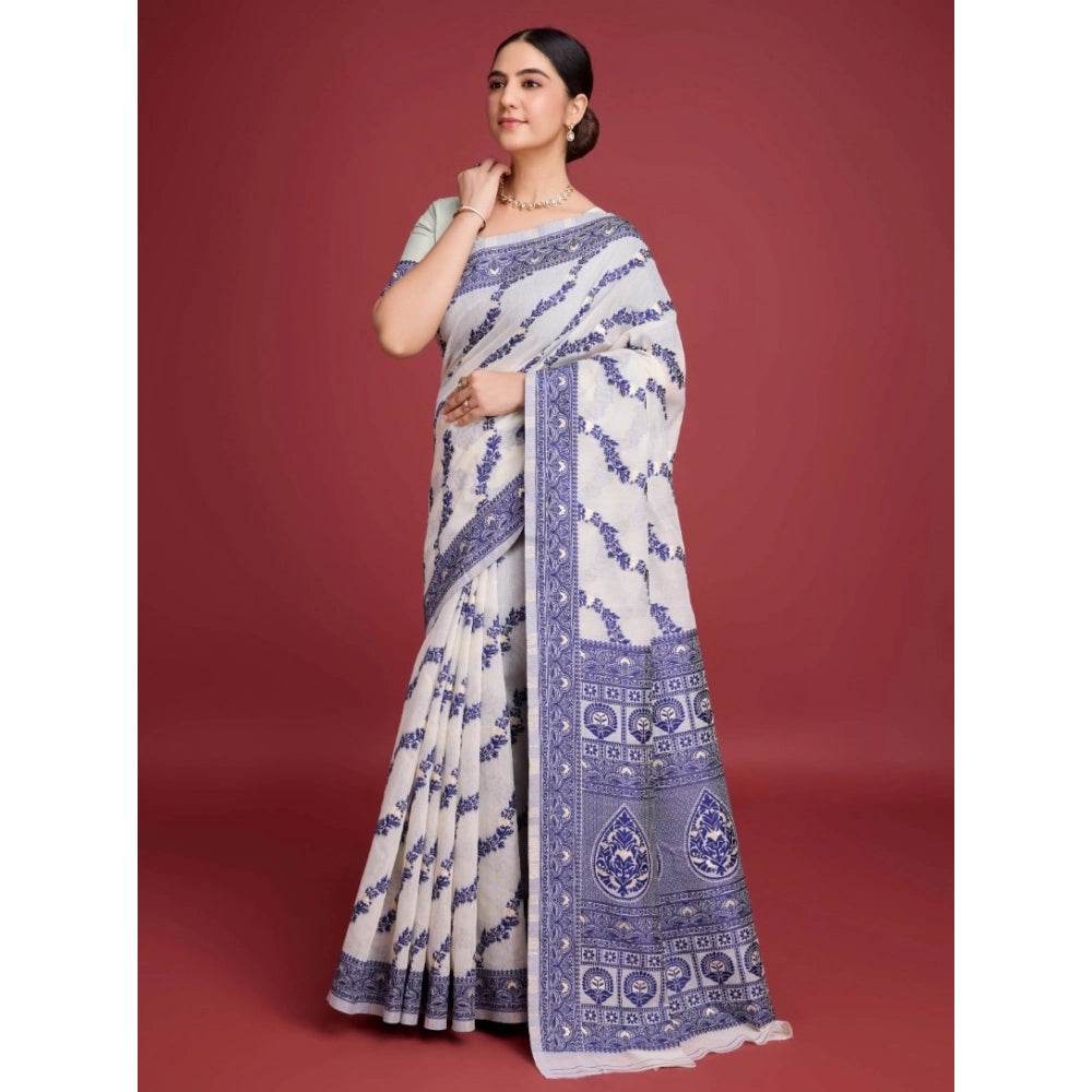 Generic Women's Jamdani Cotton Silk Printed Saree With Unstitched Blouse 5.5Mtr (Navy Blue) - MYLUXURY LANE ENTERPRISE