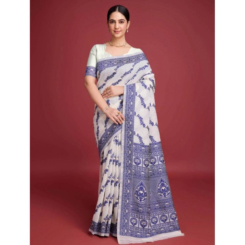 Generic Women's Jamdani Cotton Silk Printed Saree With Unstitched Blouse 5.5Mtr (Navy Blue) - MYLUXURY LANE ENTERPRISE