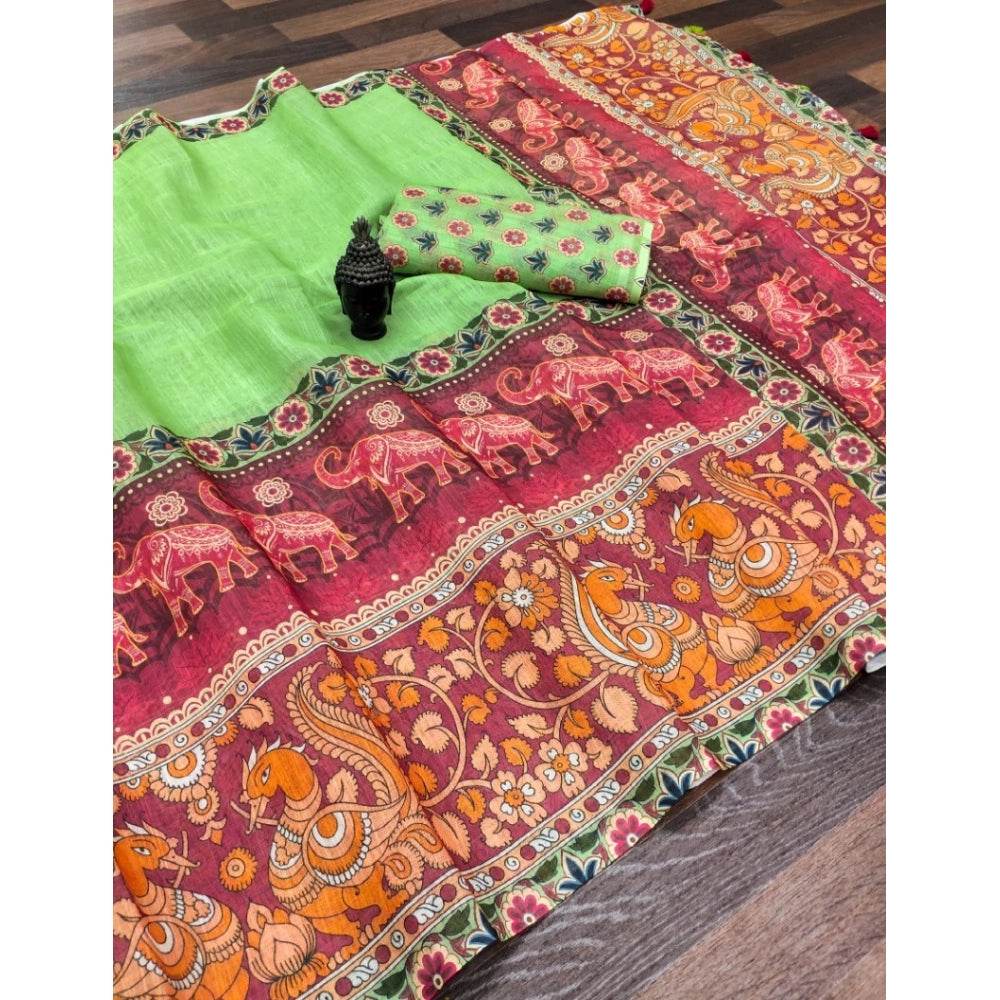 Generic Women's linen Digital Print Saree With Unstitched Blouse 5.5Mtr (Light Green) - MYLUXURY LANE ENTERPRISE