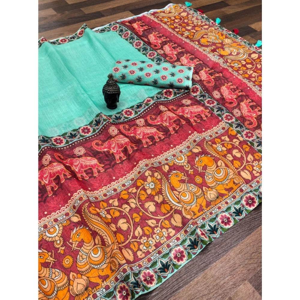 Generic Women's linen Digital Print Saree With Unstitched Blouse 5.5Mtr (Turquoise) - MYLUXURY LANE ENTERPRISE