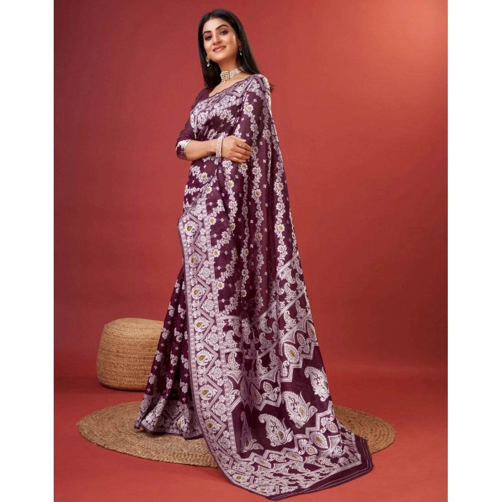 Generic Women's Cotton Silk Printed Saree With Unstitched Blouse 5.5Mtr (Purple) - MYLUXURY LANE ENTERPRISE