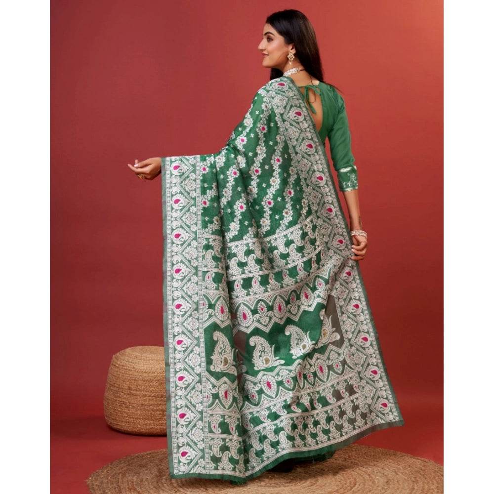 Generic Women's Cotton Silk Printed Saree With Unstitched Blouse 5.5Mtr (Green) - MYLUXURY LANE ENTERPRISE