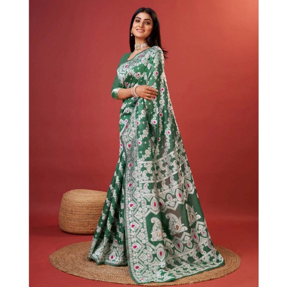 Generic Women's Cotton Silk Printed Saree With Unstitched Blouse 5.5Mtr (Green) - MYLUXURY LANE ENTERPRISE