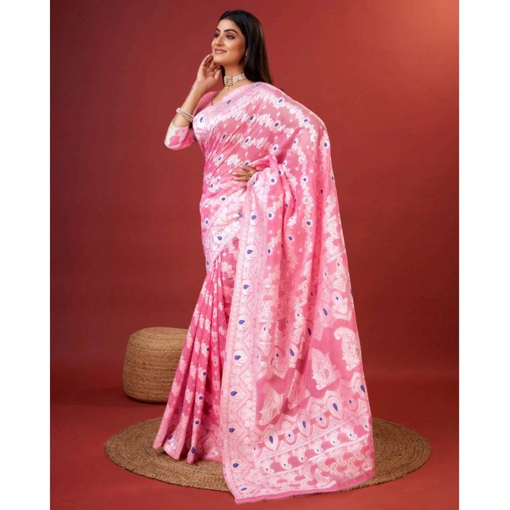 Generic Women's Cotton Silk Printed Saree With Unstitched Blouse 5.5Mtr (Pink) - MYLUXURY LANE ENTERPRISE