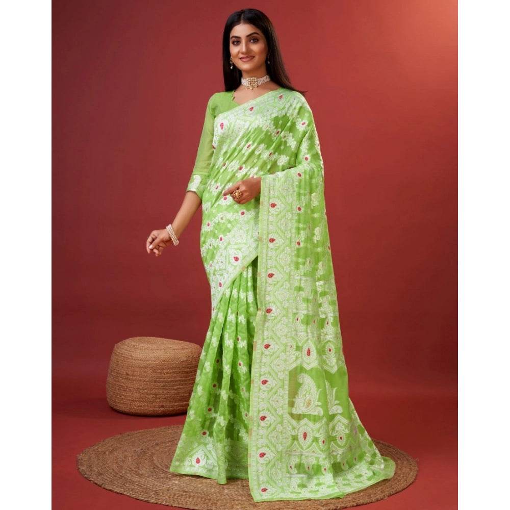 Generic Women's Cotton Silk Printed Saree With Unstitched Blouse 5.5Mtr (Light Green) - MYLUXURY LANE ENTERPRISE