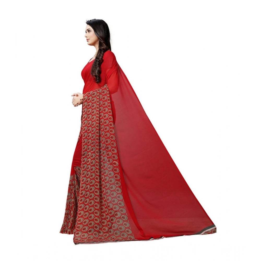 Generic Women's Georgette Printed Saree With Unstitched Blouse 5.5Mtr (Red) - MYLUXURY LANE ENTERPRISE