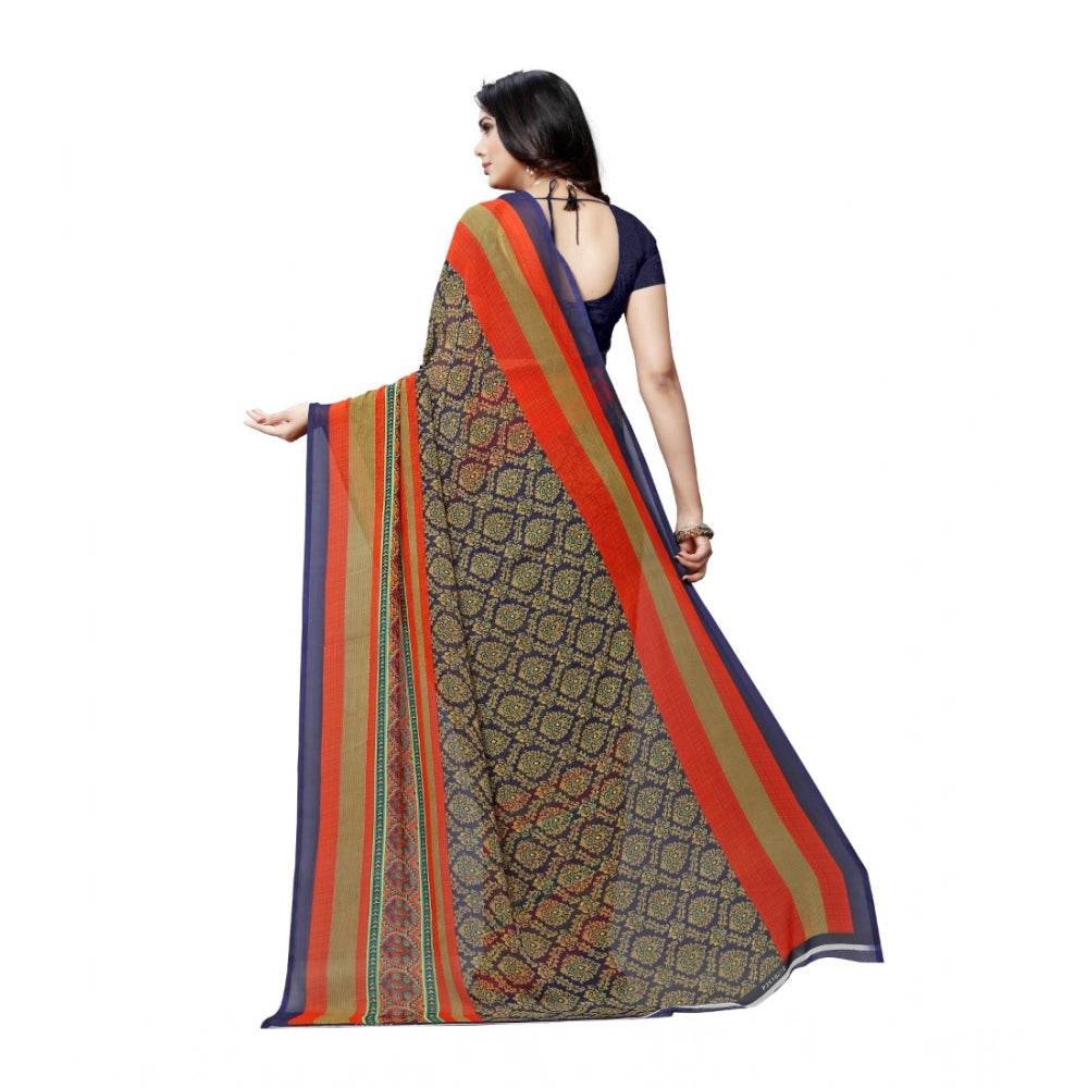Generic Women's Georgette Printed Saree With Unstitched Blouse 5.5Mtr (Blue) - MYLUXURY LANE ENTERPRISE